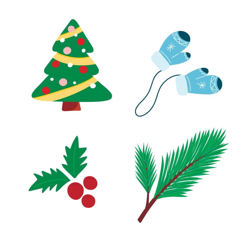 vector reeks van elementen met een Kerstmis boom, net takje, maretak en cartoon-stijl wanten. kinderen illustratie met schattig dieren voor ansichtkaarten, affiches, ontwerp, stoffen.