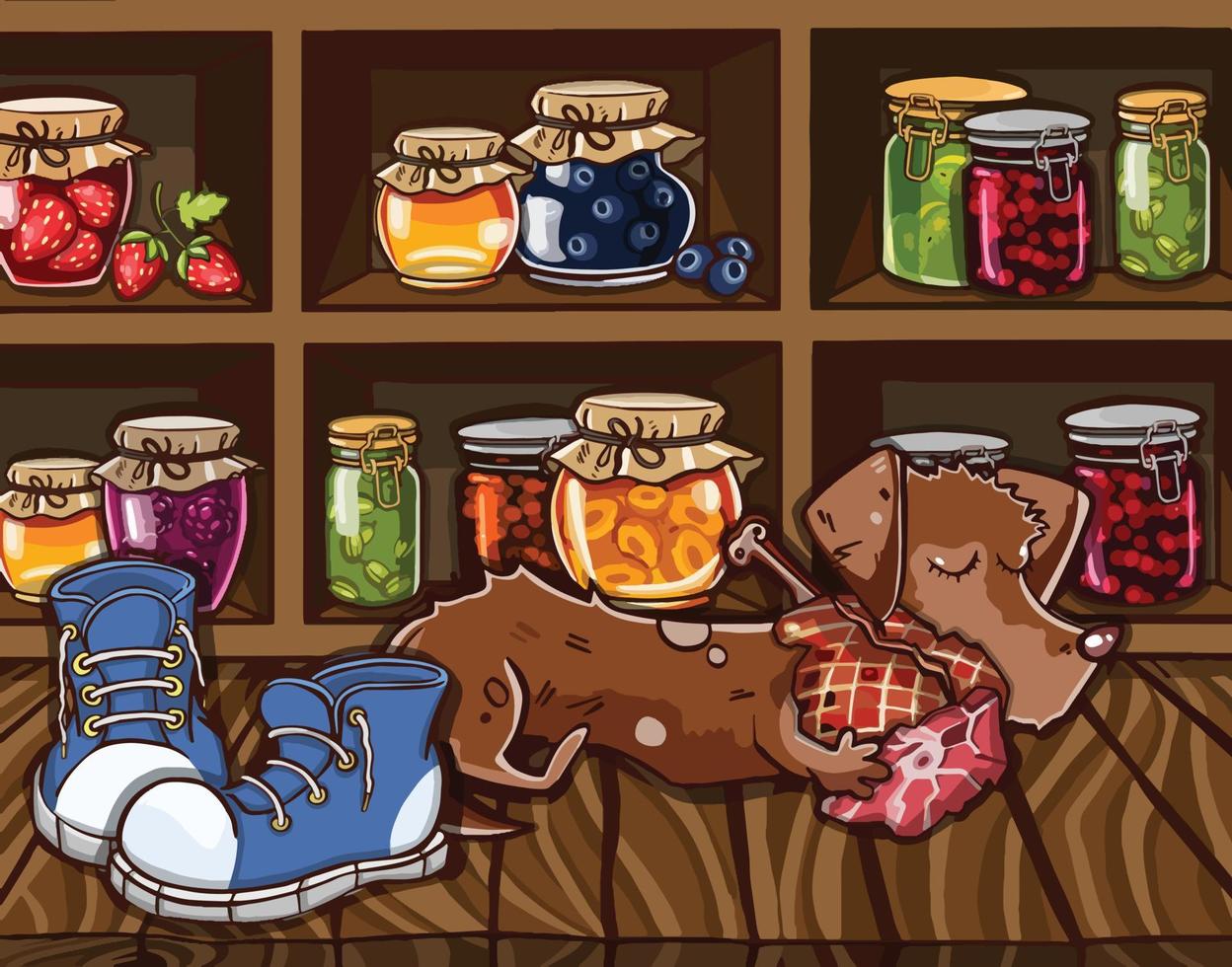 kelder met jam, sap en een hond. vector