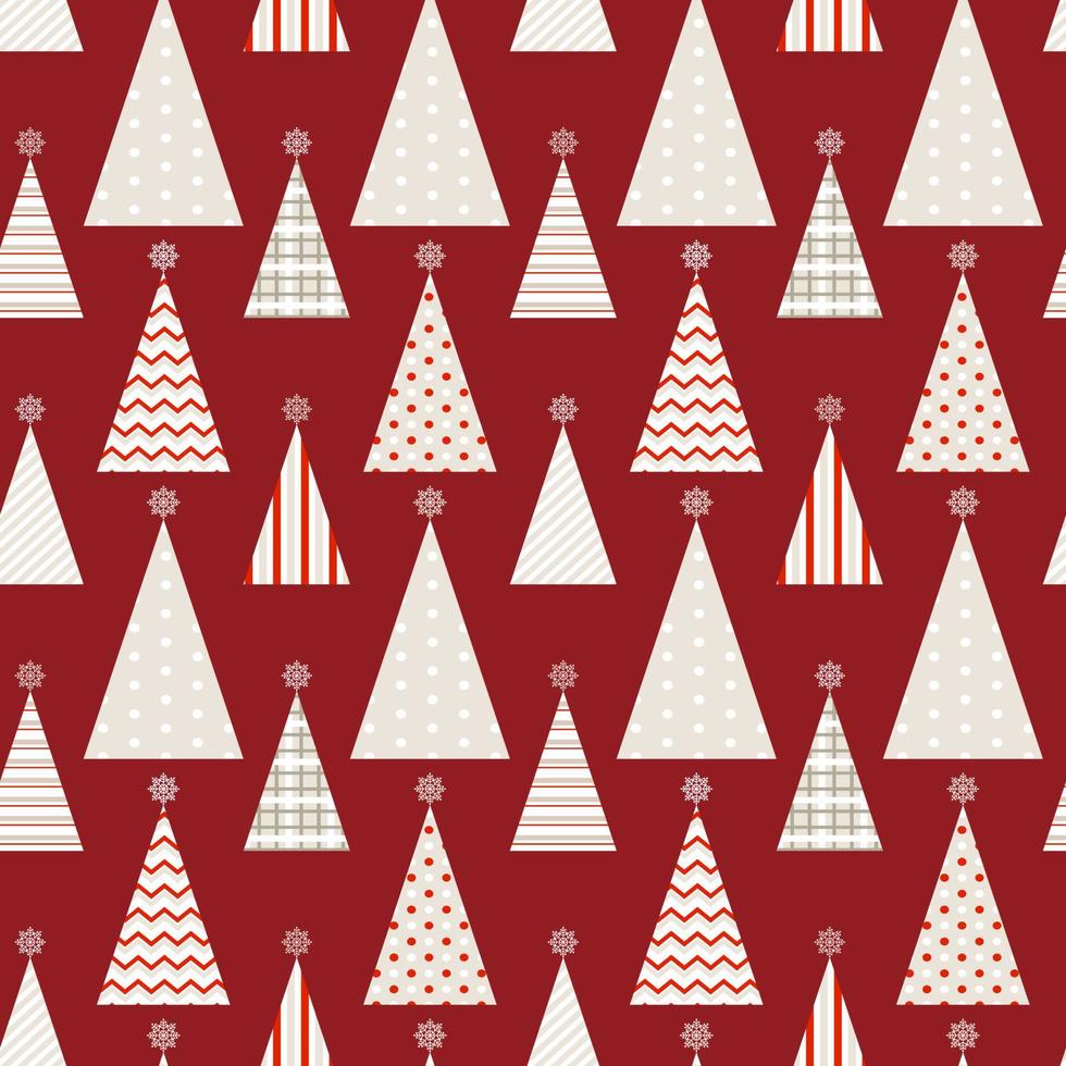 naadloos patroon van gemakkelijk meetkundig Kerstmis bomen in verschillend textuur, geïsoleerd Aan bordeaux rood achtergrond. ontwerp voor Kerstmis huis decor, vakantie hartelijk groeten, Kerstmis en nieuw jaar viering. vector