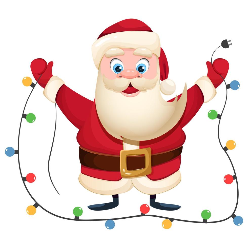 tekenfilm de kerstman claus in een rood pak houdt een Kerstmis guirlande. vrolijk Kerstmis en gelukkig nieuw jaar geïsoleerd vector tekenfilm illustratie voor groet kaart, banier en meer.