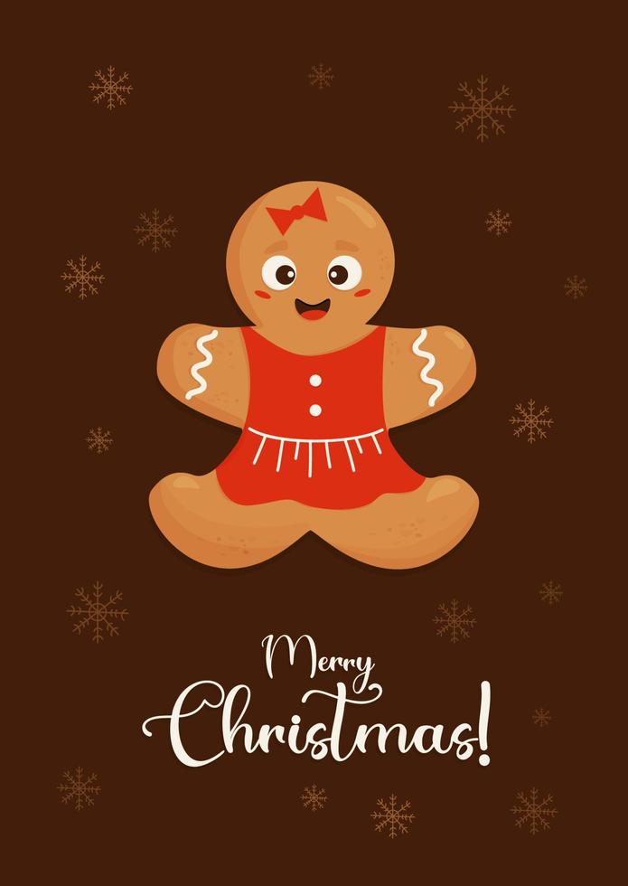Kerstmis kaart met schattig peperkoek Mens meisje en opschrift vrolijk kerstmis. vector illustratie. verticaal sjabloon voor ontwerp van uw vakantie kaarten, het drukken en decor.