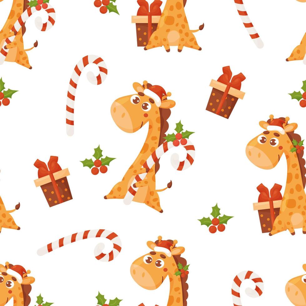 Kerstmis naadloos patroon met schattig giraffe in santas hoed. vector