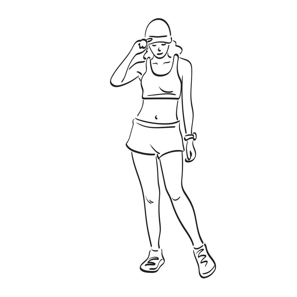 vol lengte sportief vrouw met pet staand illustratie vector hand- getrokken geïsoleerd Aan wit achtergrond lijn kunst.