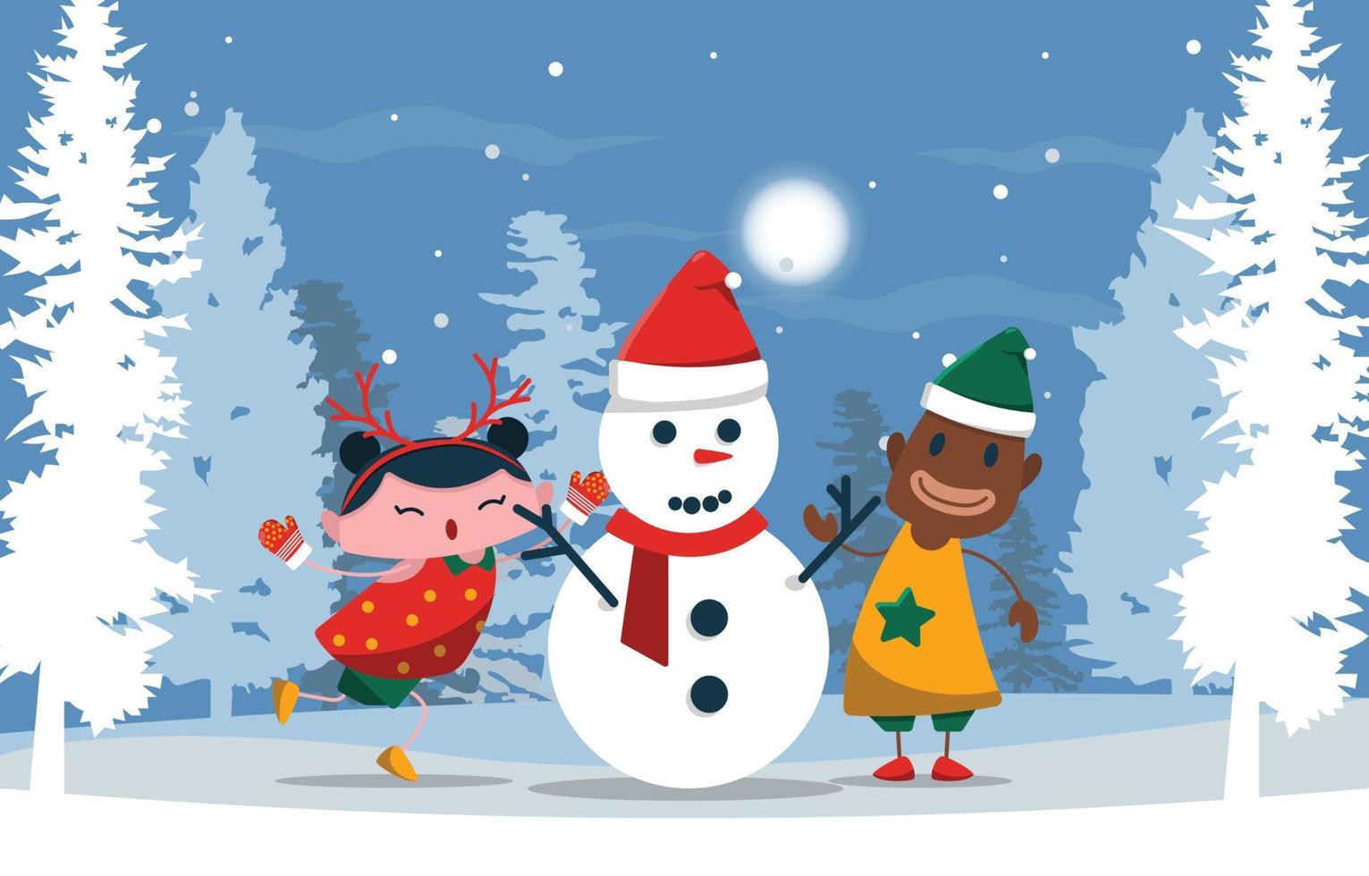 kinderen spelen sneeuwman pijnboom boom winter Kerstmis illustratie vector