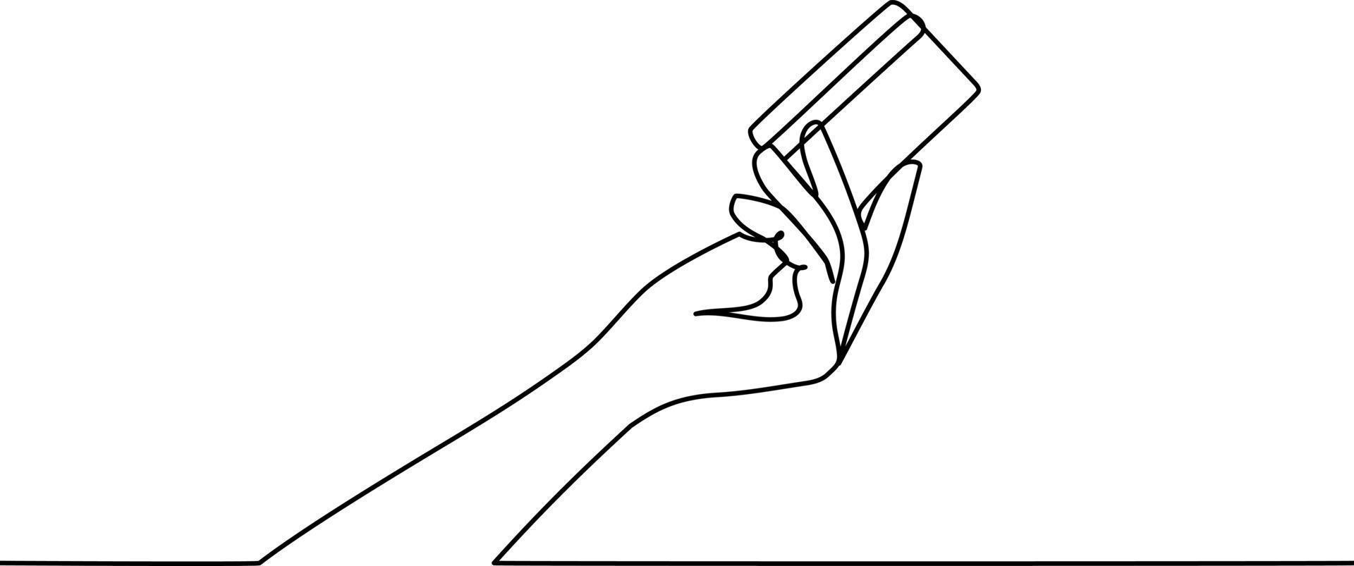hand- Holding credit kaart doorlopend lijn tekening vector