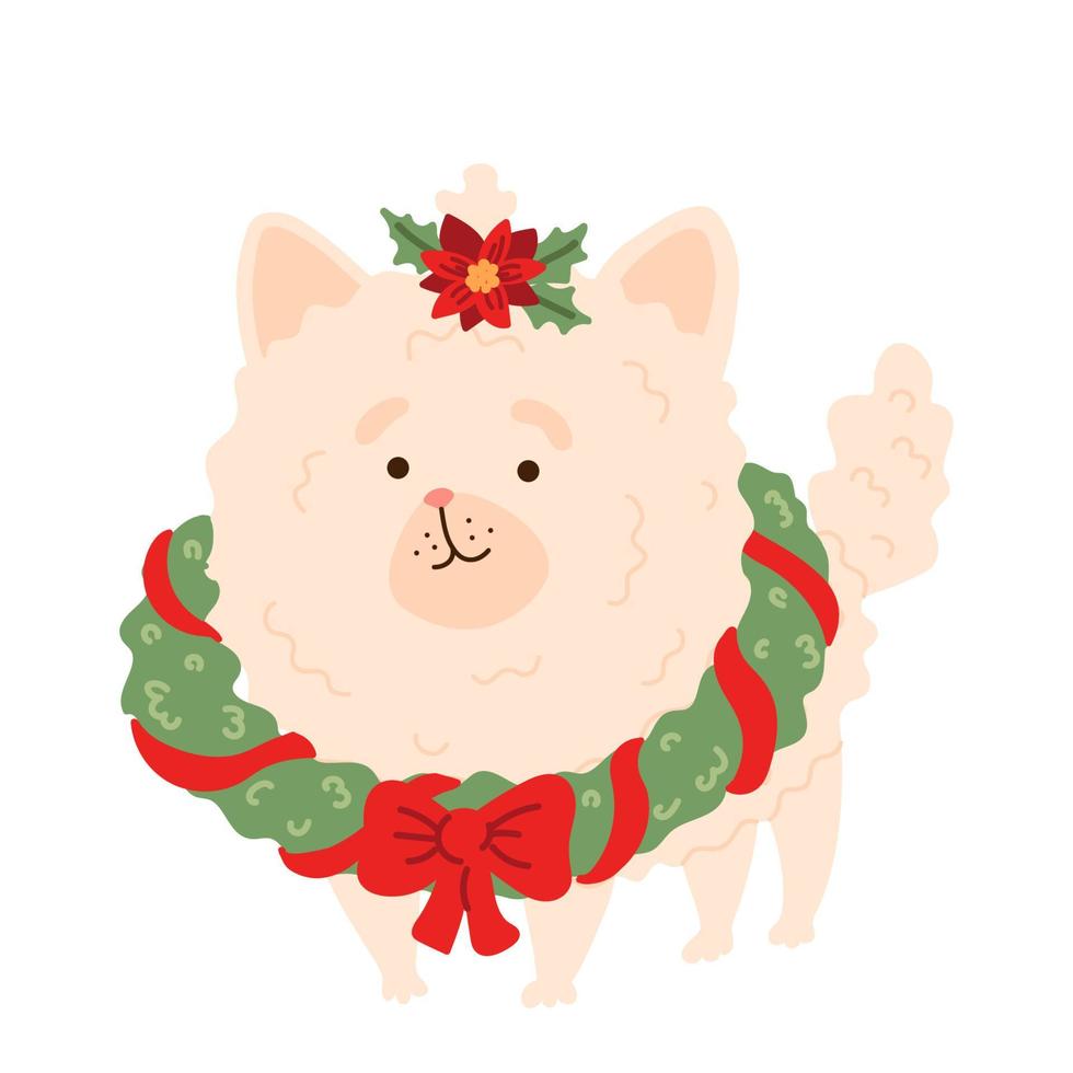 Kerstmis hond pommeren gekleed in Kerstmis kostuum komst krans en kerstster. tekenfilm dier puppy geïsoleerd vector illustratie voor t overhemd afdrukken, spel, textiel, huisdier pictogrammen, kinderen ontwerp.