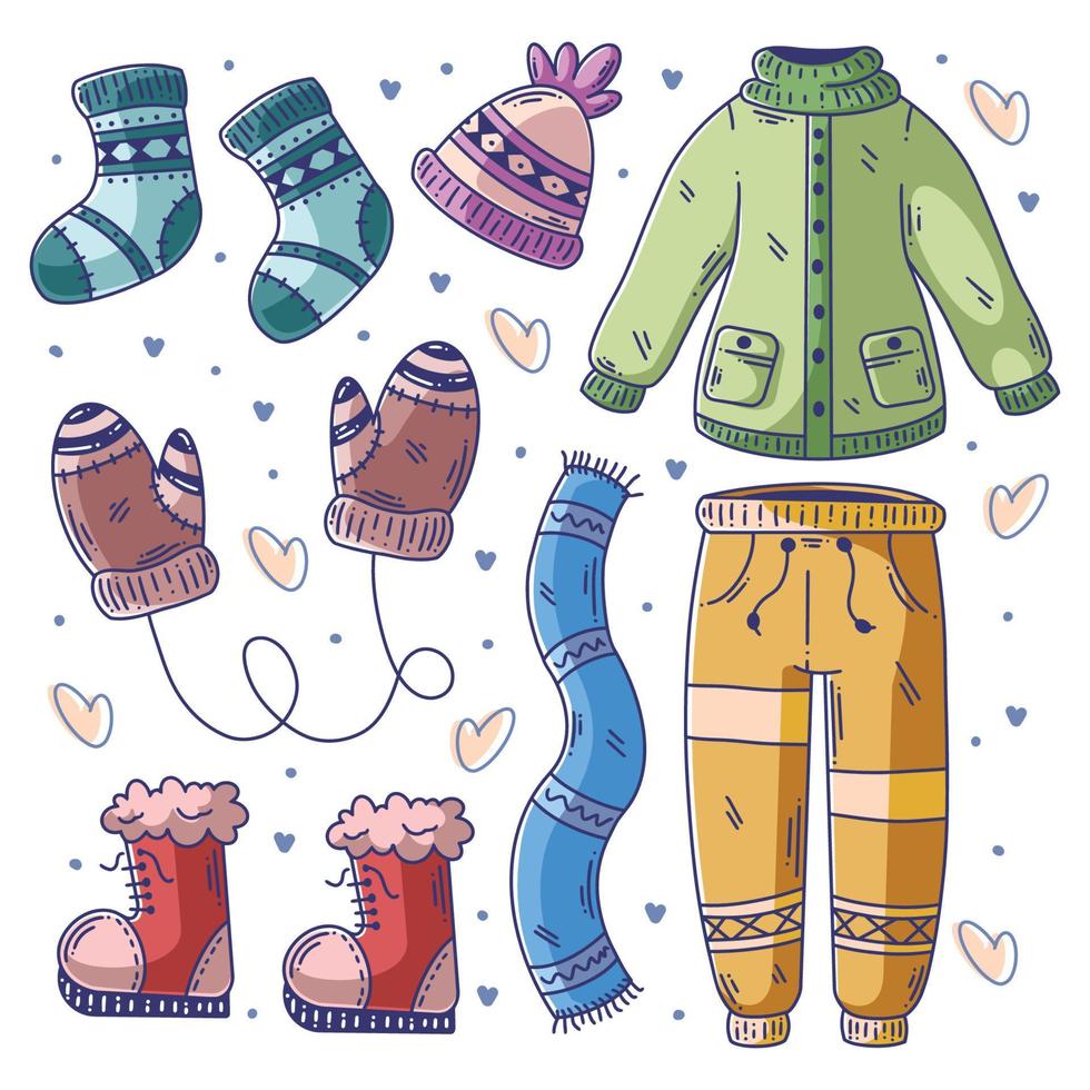 hand- getrokken reeks van winter essentials tekening vol kleur vector