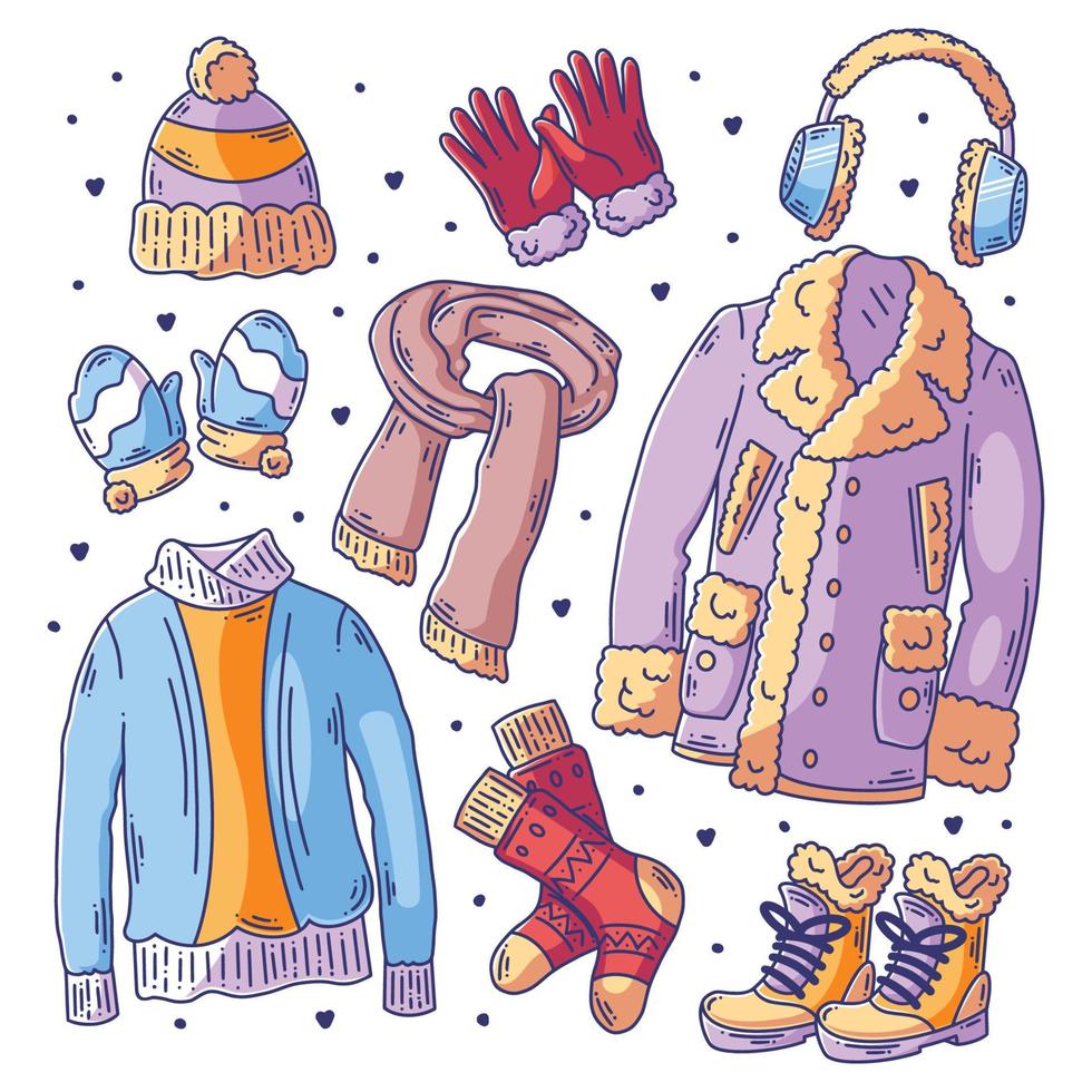 hand- getrokken reeks van winter kleren en essentials tekening vol kleur vector