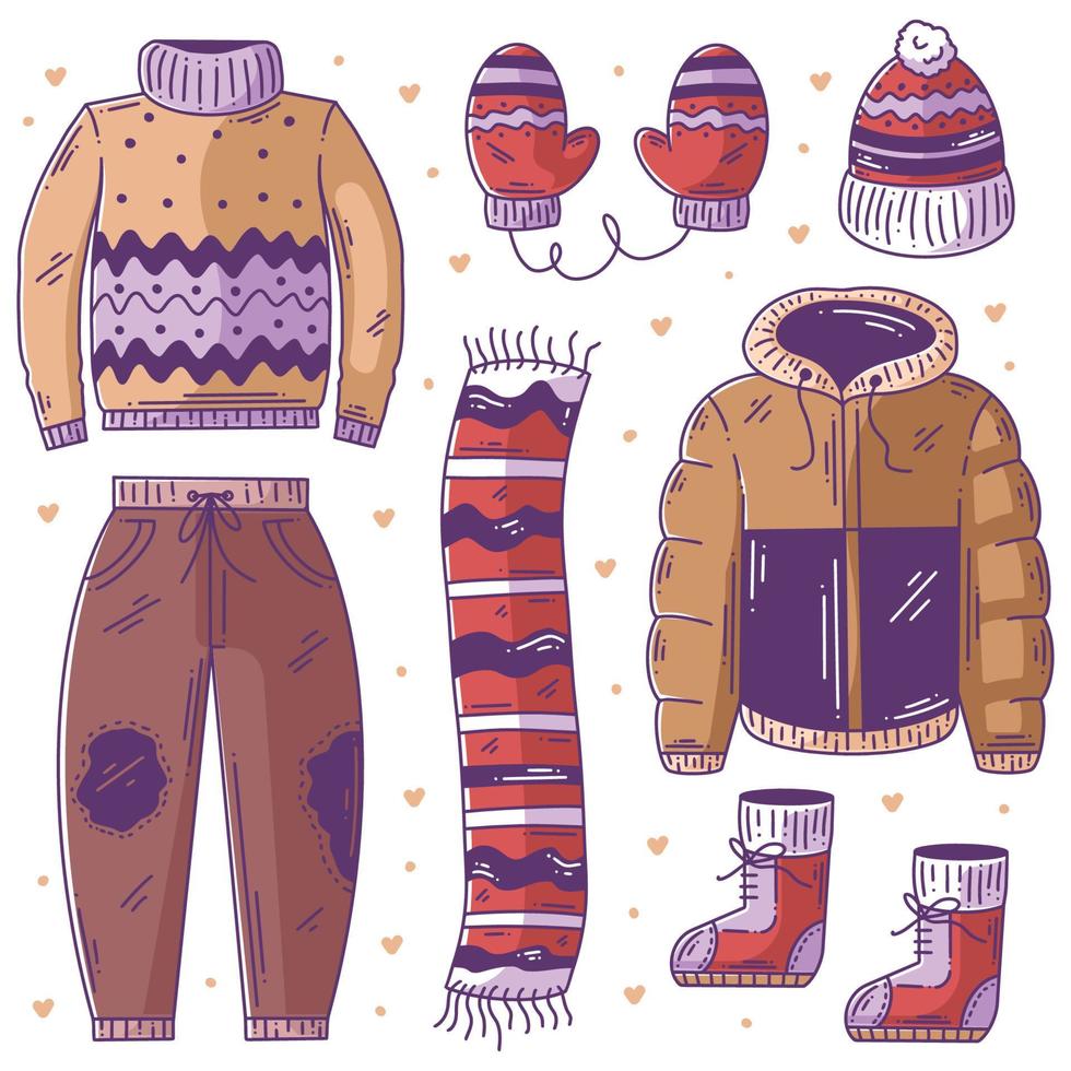 winter essentials hand- getrokken tekening vol kleur vector