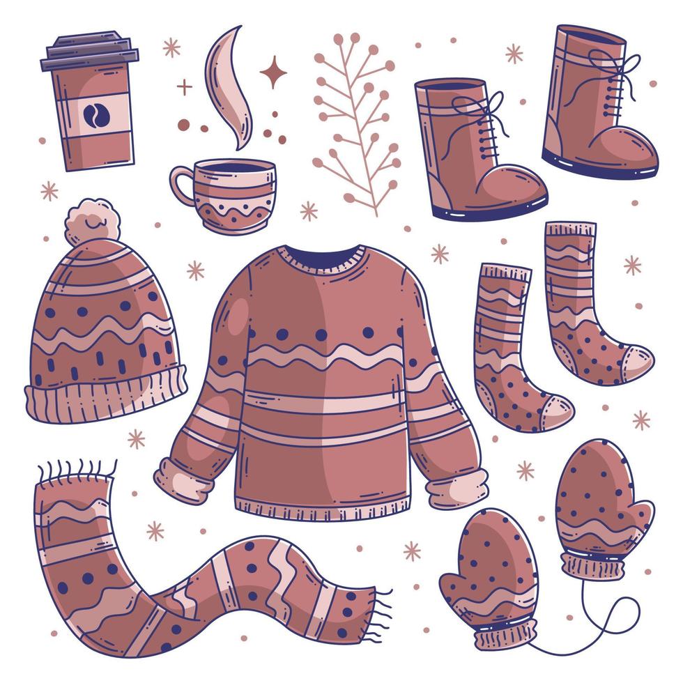 hand- getrokken reeks van winter kleding doodles vol kleur vector