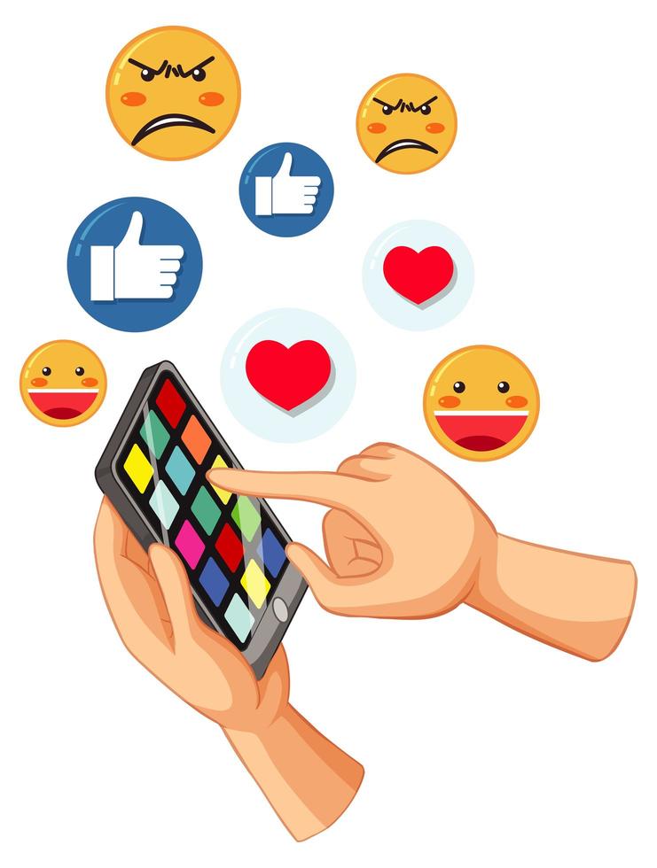 hand scolling de telefoon met emoticon omgeving vector