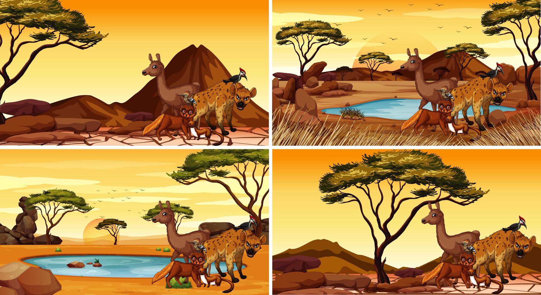 vier verschillende scènes met wilde dieren vector