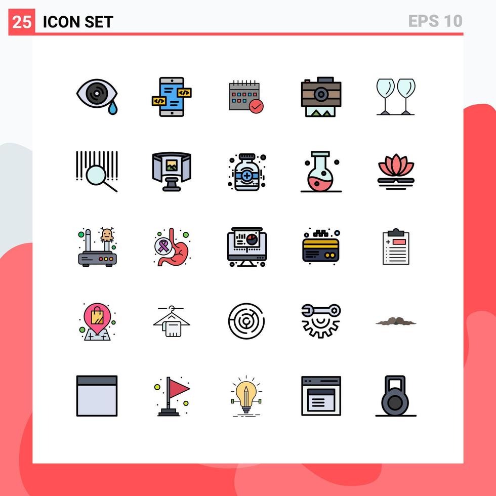 25 gevulde lijn vlak kleur concept voor websites mobiel en apps opname fotografie goedgekeurd camera plan bewerkbare vector ontwerp elementen