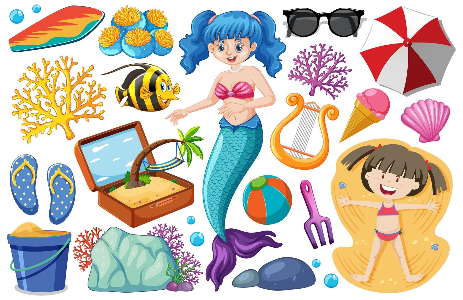 set van zeemeermin en zomer cartoon pictogramstijl op witte achtergrond vector