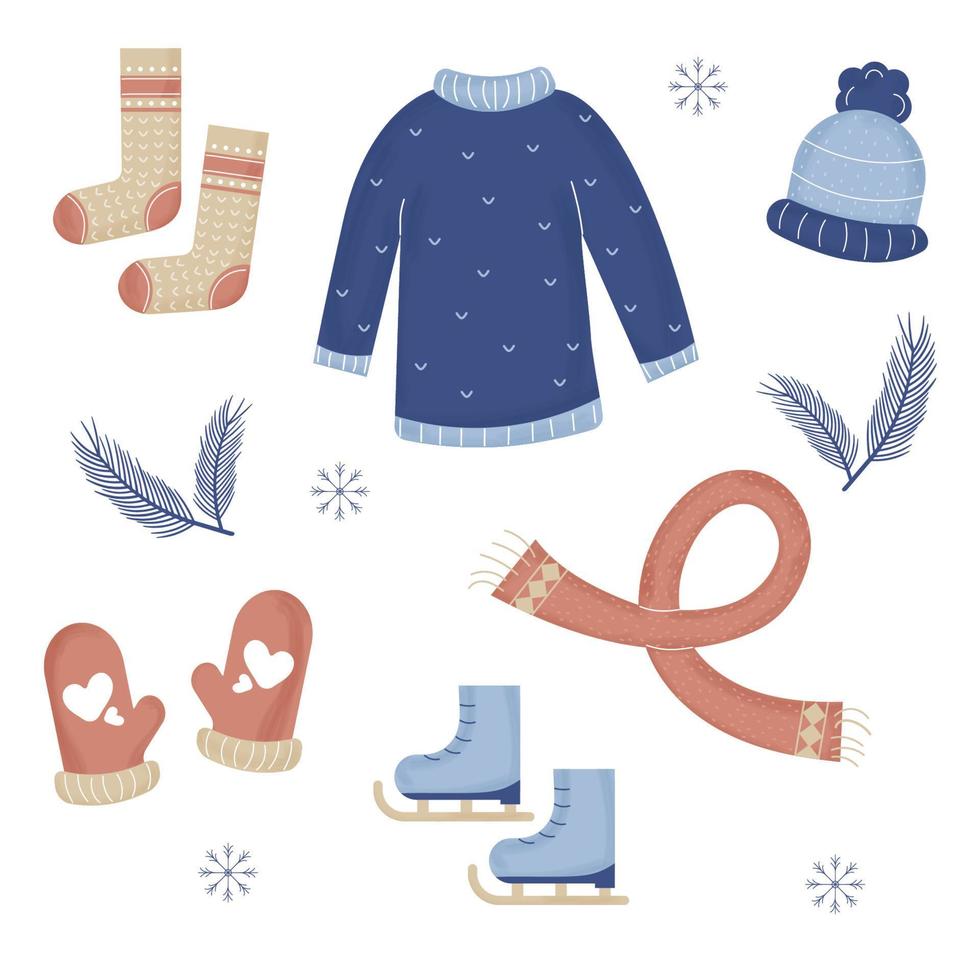 verzameling van winter kleren. hoed, trui, sjaal, schaatsen, handschoenen. vector