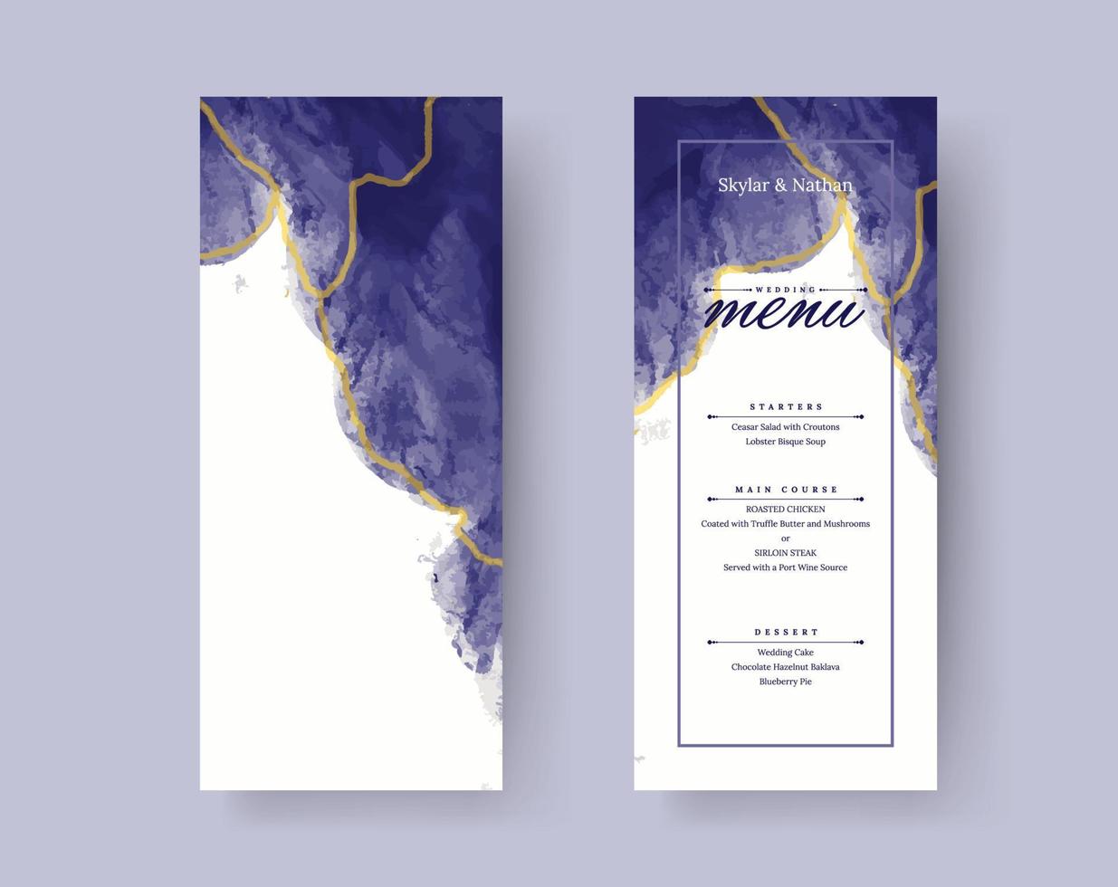 elegant marine blauw goud lijn waterverf bruiloft menu kaart sjabloon vector