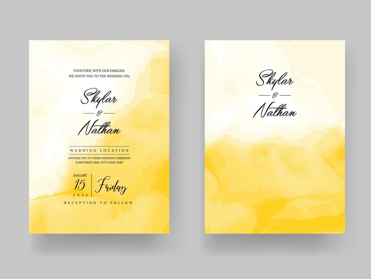 minimaal geel waterverf bruiloft uitnodiging kaart sjabloon vector