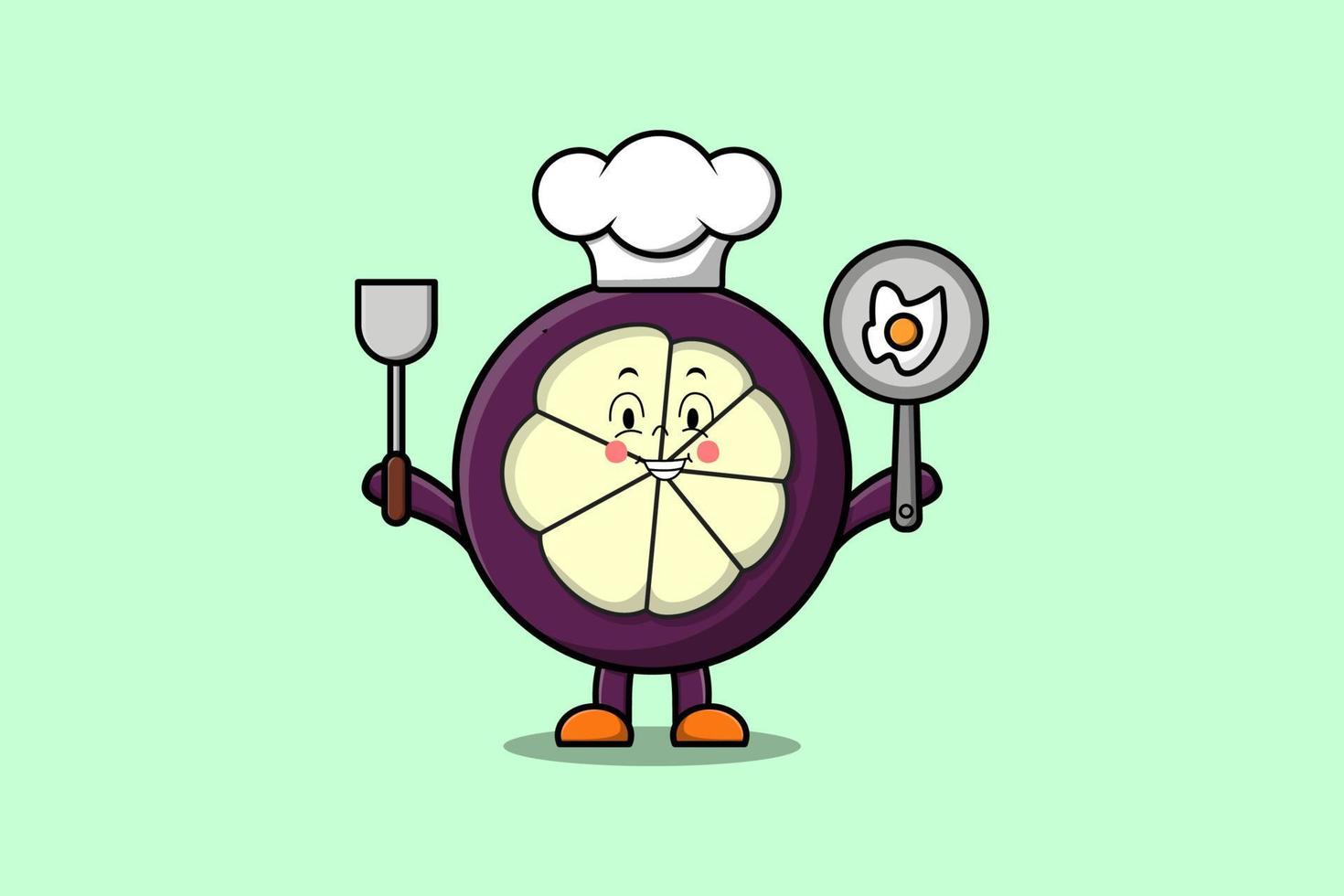 schattig tekenfilm mangisboom chef houden pan en spatel vector