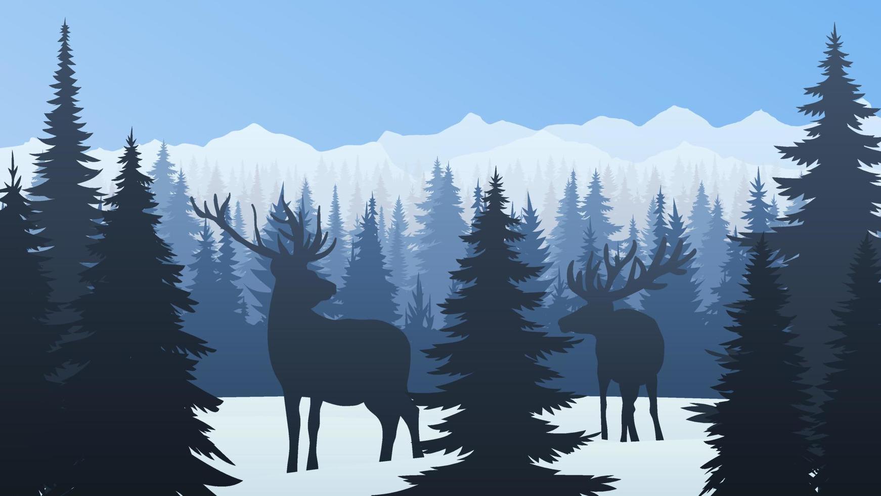 natuur bergen landschap silhouet. winter naald- Woud met sneeuw, bevroren het weer. dieren in de pijnboom Woud, hert blijven in de bossen. vector illustratie. Kerstmis achtergrond.