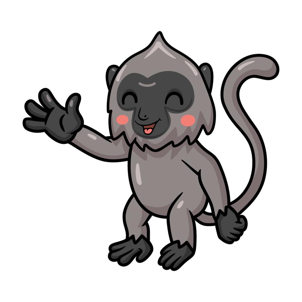 schattig weinig grijs langur aap tekenfilm golvend hand- vector