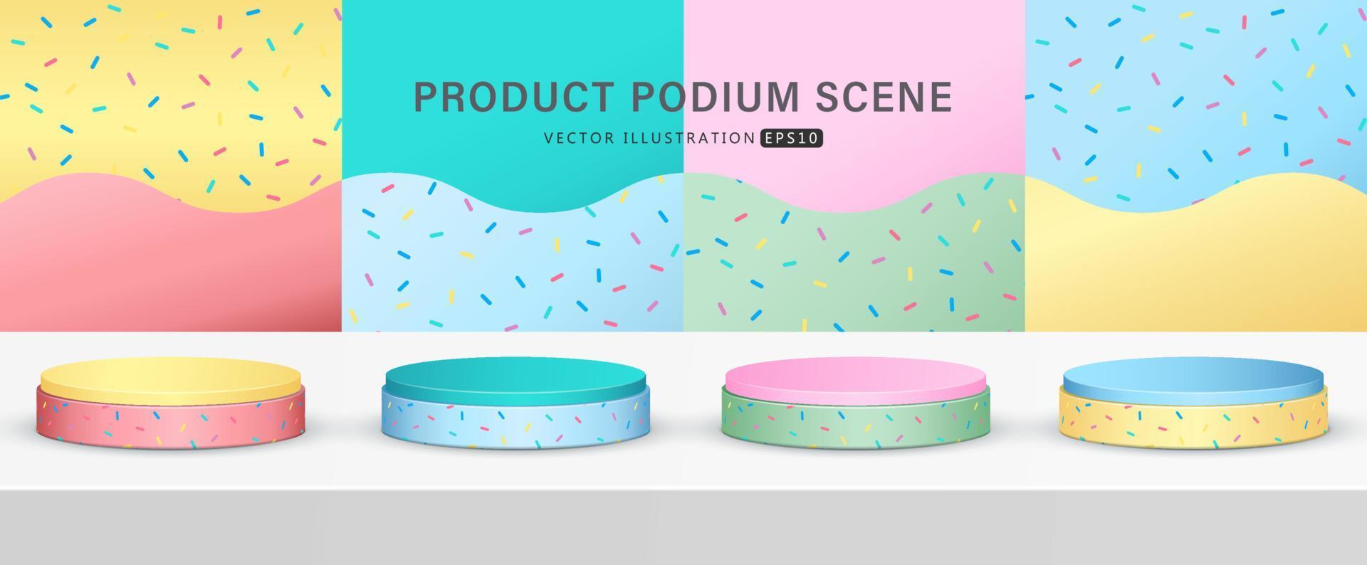 reeks van realistisch blauw, roze, geel en groen cilinder voetstuk podium met lijn naadloos patroon in achtergrond voor tafereel tonen Product Scherm. 3d vector