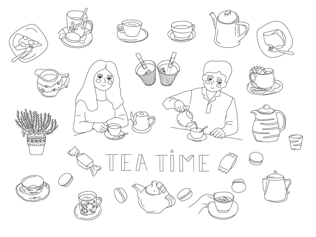 groot tekening reeks met thee tijd artikelen. Mens vrouw met kop van thee, theepotten, taarten, melk kruik, ketel, snoep, thee Tassen, thee naar Gaan, cafe interieur. vector illustratie.