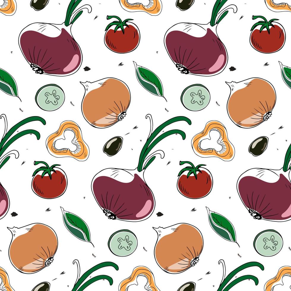 vector naadloos patroon met tekening stijl groenten, uien, tomaten, olijven en komkommers