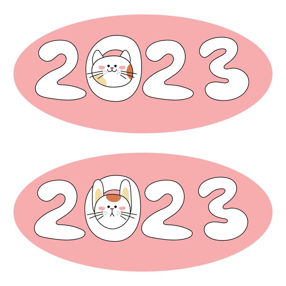 getallen 2023. getallen van de nieuw jaar met de symbolen van de jaar een kat en een haas gluren uit van de aantal 0 met abstract ovalen. tekenfilm vector illustratie.