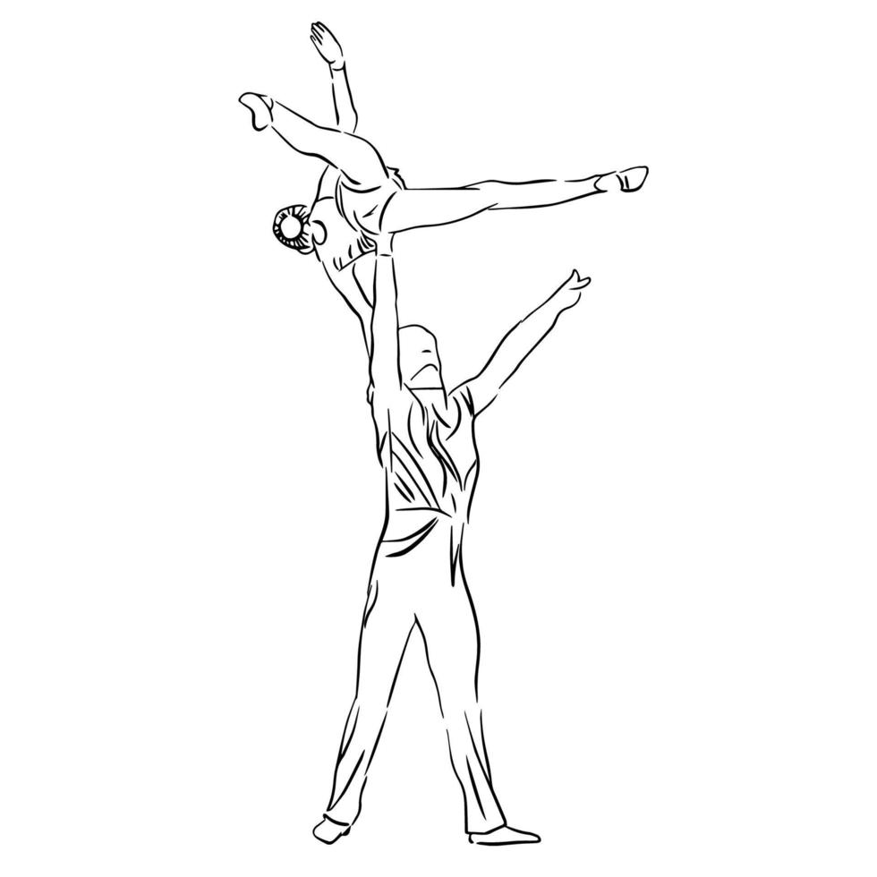 acrobatisch, balans, prestatie, samenwerkingsconcept. handgetekende acrobaten die op de schets van het scèneconcept presteren. geïsoleerde vectorillustratie, acrobatiek, schets vectorillustratie vector