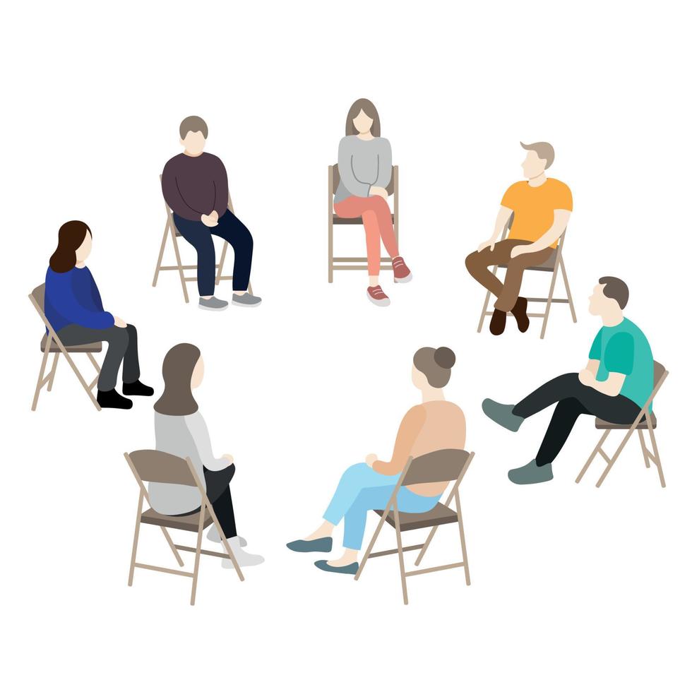 groep psychotherapie, mannen en Dames zitten Aan stoelen geregeld in een cirkel, Aan groep psychotraining, vlak vector, isoleren Aan wit vector