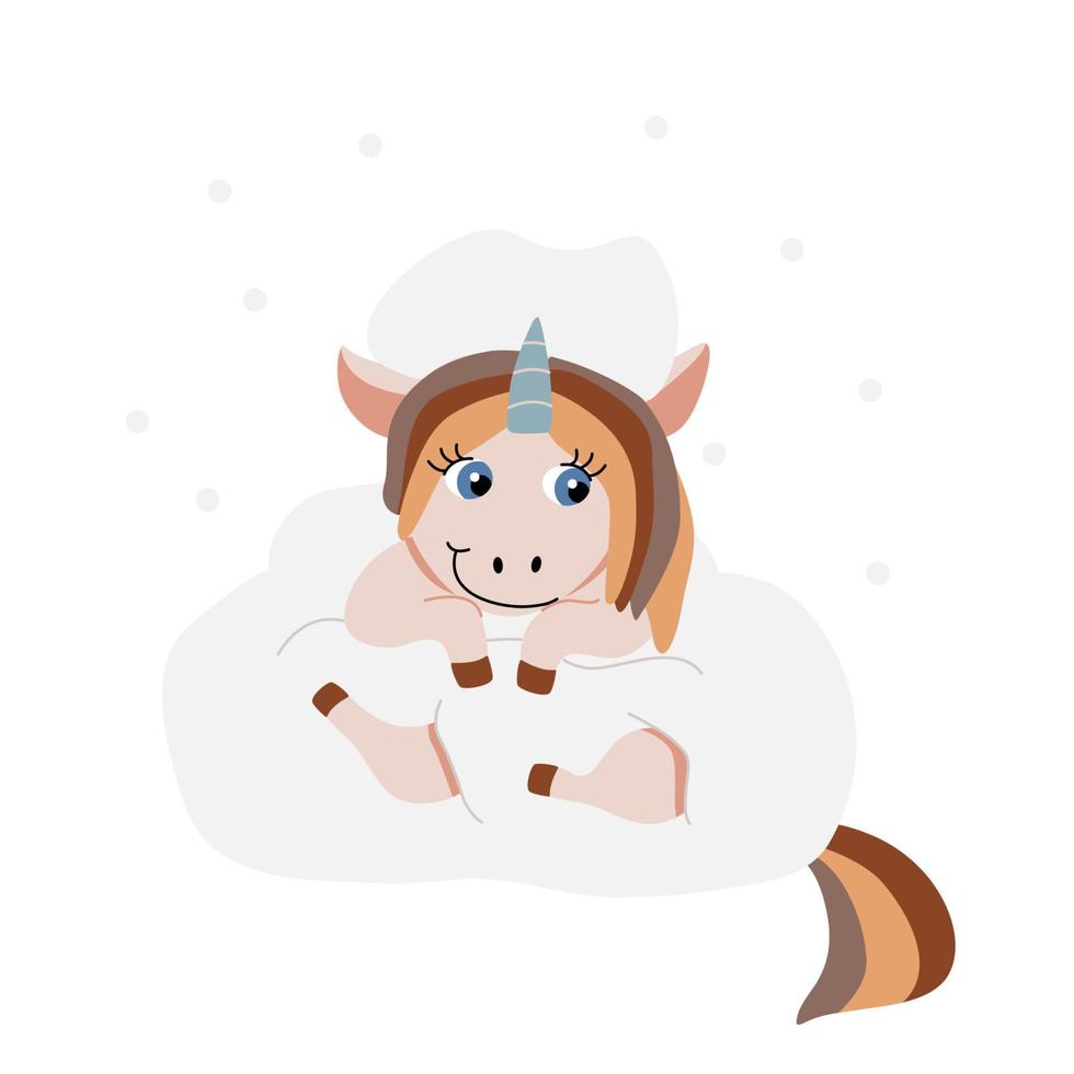 schattig weinig eenhoorn in sneeuwjacht. vector vlak winter illustratie geïsoleerd Aan wit. boho kleuren.