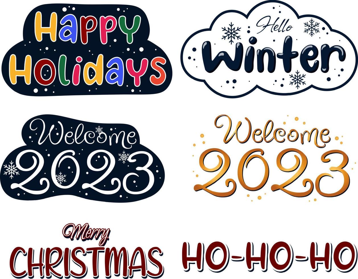 belettering tekenfilm reeks Aan winter en Kerstmis thema. Hallo winter, Welkom 2023, vrolijk Kerstmis en ho-ho-ho vector