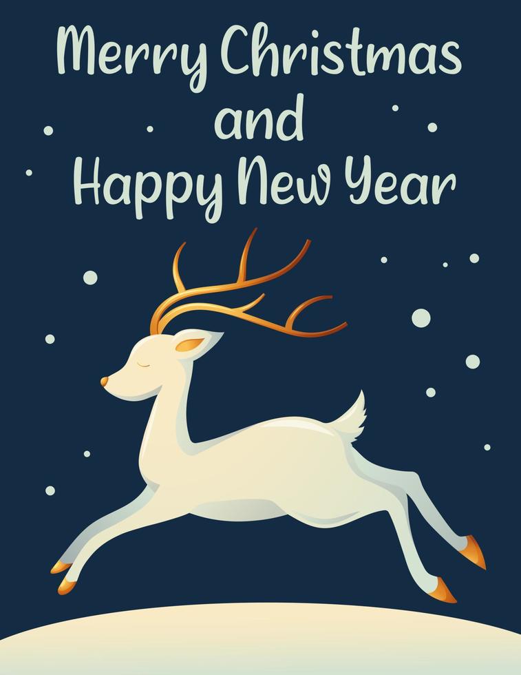 vrolijk Kerstmis en gelukkig nieuw jaar groet kaart met wit rendier tekenfilm vector