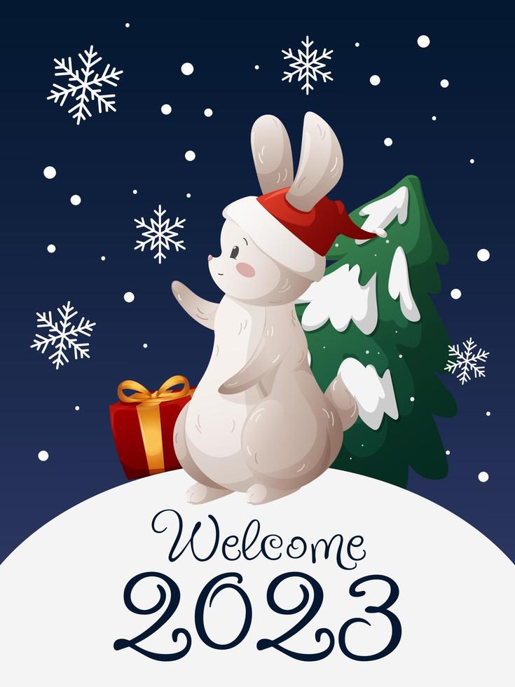 Welkom 2023 vakantie groet kaart, tekenfilm konijn in hoed met geschenk en Kerstmis boom vector