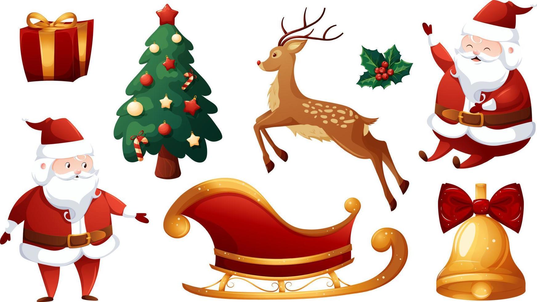 Kerstmis reeks tekenfilm. jumping hert, lachend de kerstman claus, slee, Kerstmis boom, geschenk, gouden klok en hulst vector