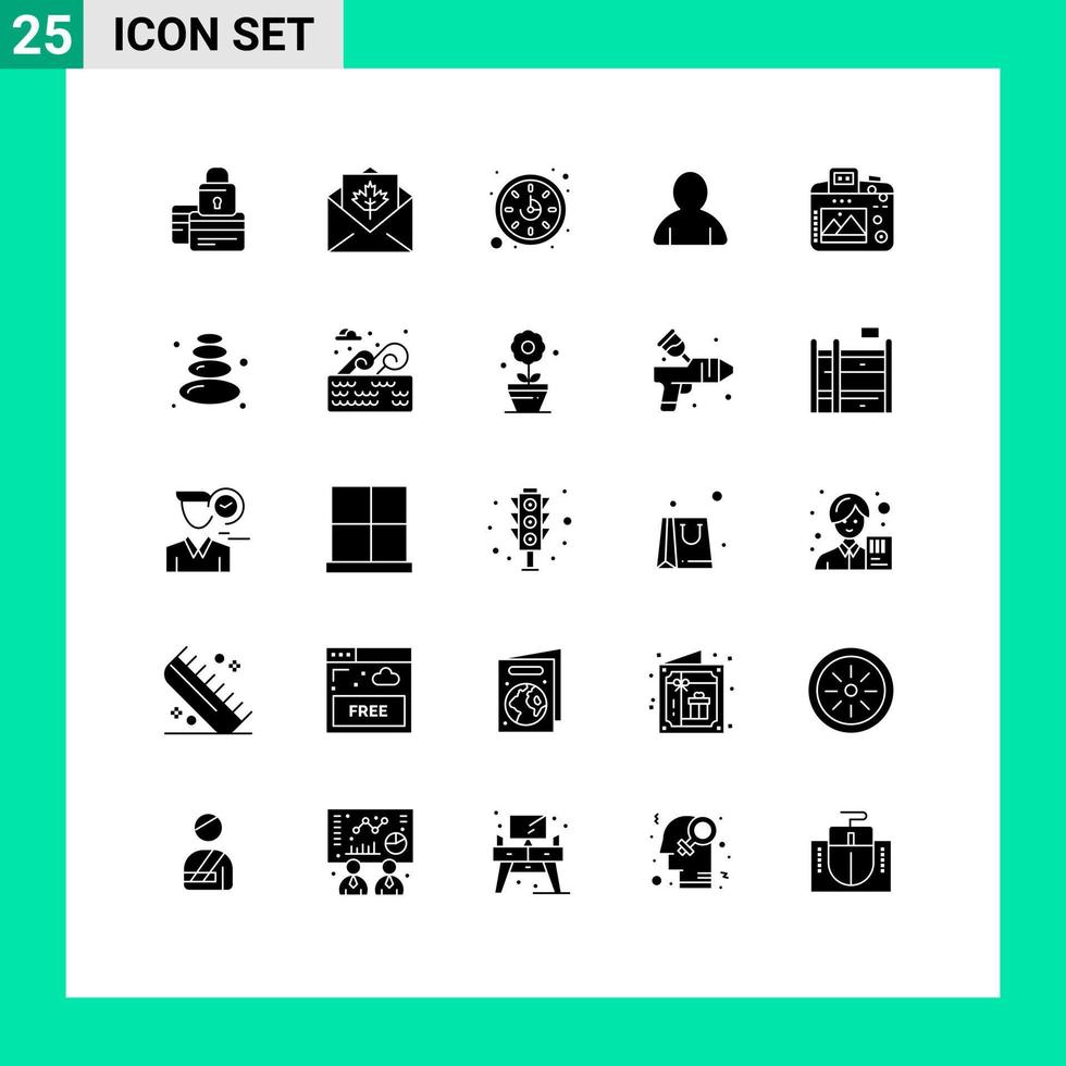 pictogram reeks van 25 gemakkelijk solide glyphs van camera avatar groeten account tijd bewerkbare vector ontwerp elementen