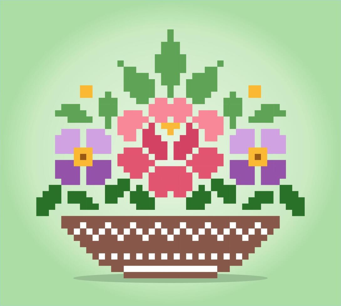 8-bit pixel bloemen op de mand. boeketbloemen voor kruissteekpatronen, in vectorillustraties. vector