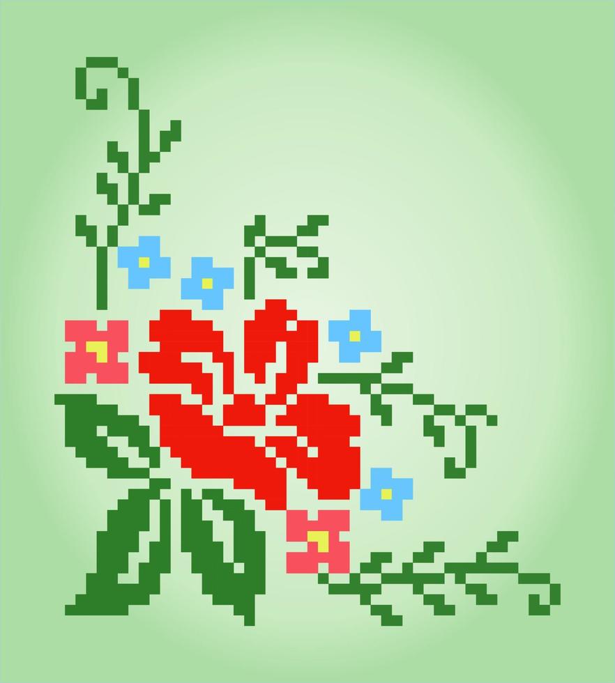 8-bits pixel van hibiscusbloem. bloemen voor kruissteekpatronen, in vectorillustraties. vector
