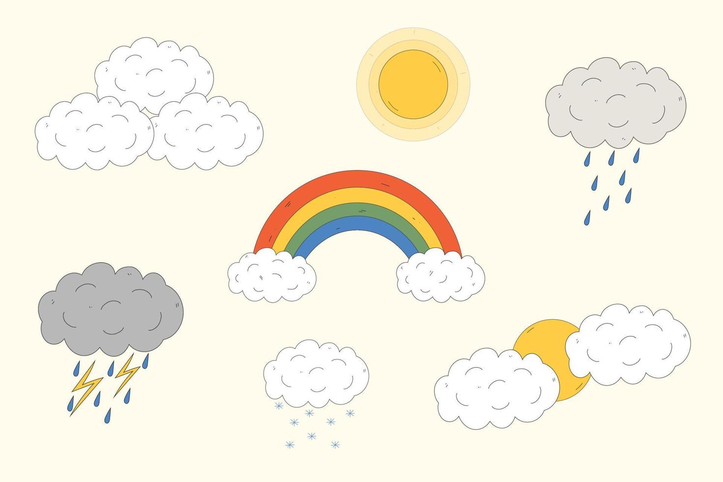 tekenfilm weer set. zon, wolk, regenen, bliksem, sneeuw. vector illustratie