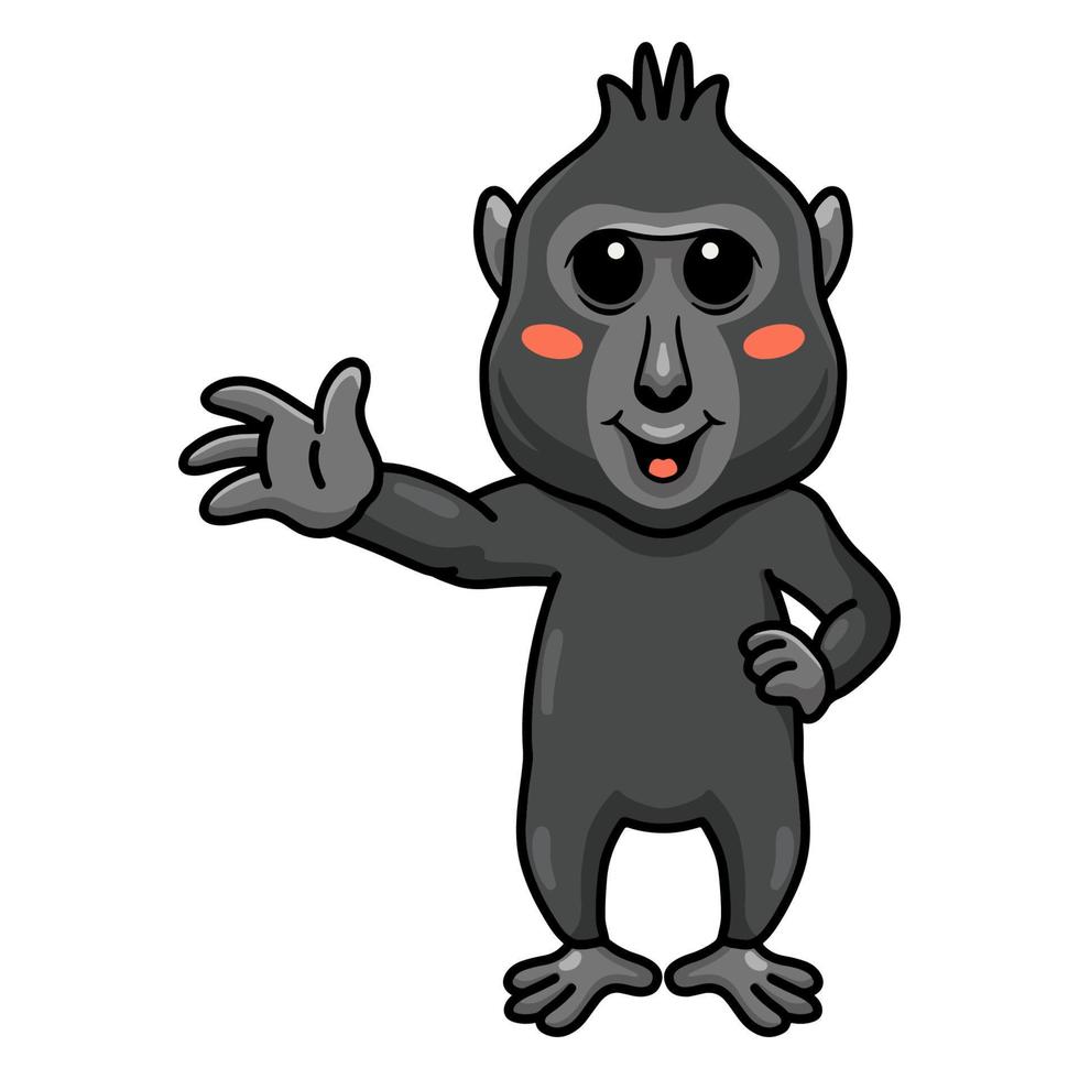 schattig weinig kuif- zwart makaak tekenfilm golvend hand- vector