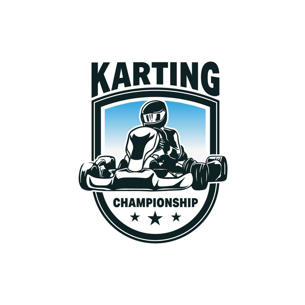 kart racing emblemen logo vector illustratie. kart renner met helm logo ontwerp sjabloon