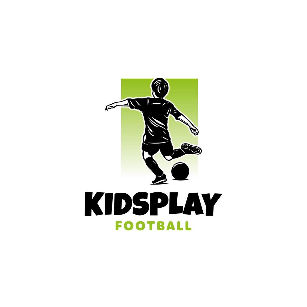 weinig jongen schopt een bal. kinderen Amerikaans voetbal sport- opleiding logo ontwerp sjabloon vector