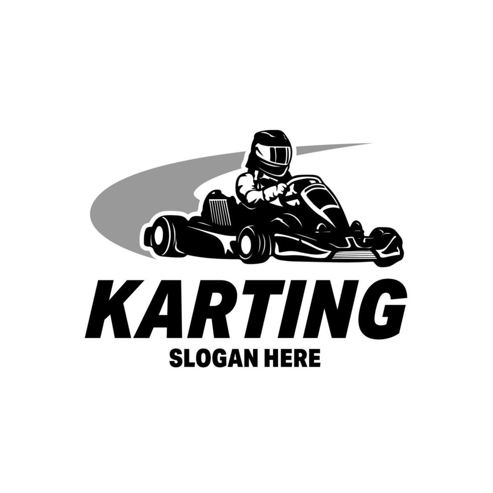 kart racing emblemen logo vector illustratie. kart renner met helm logo ontwerp sjabloon