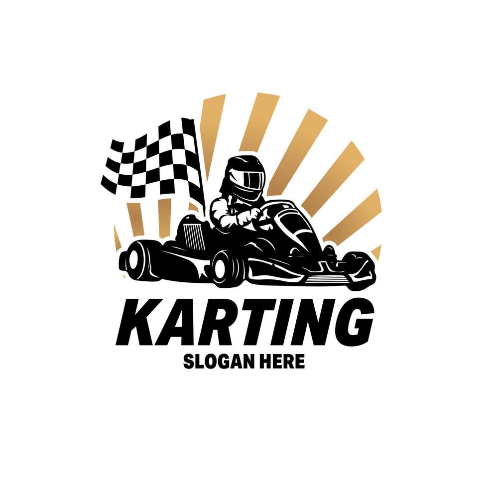 kart racing emblemen logo vector illustratie. kart renner met helm logo ontwerp sjabloon