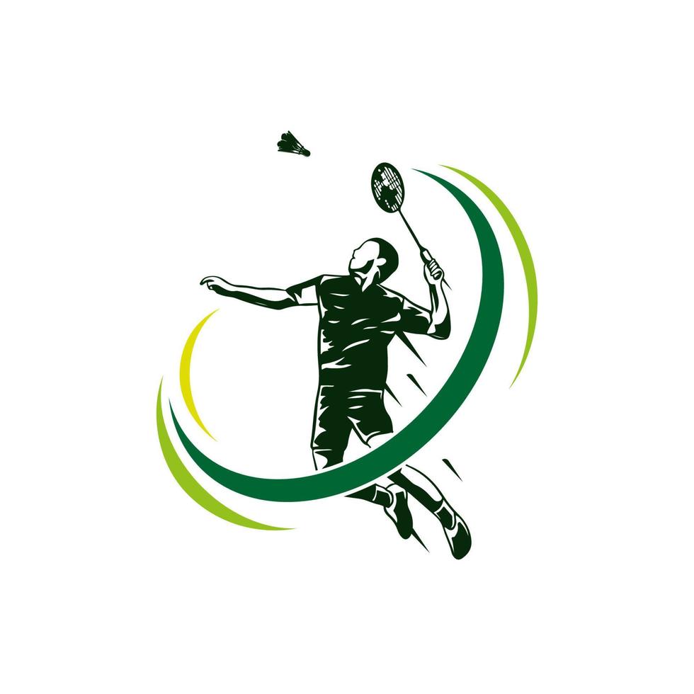 badminton jumping verpletteren illustratie logo ontwerp. modern gepassioneerd badminton speler in actie logo ontwerp sjabloon vector