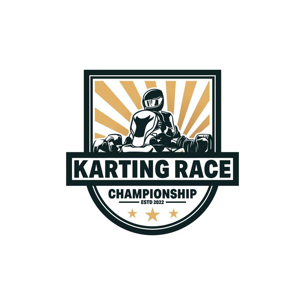 kart racing emblemen logo vector illustratie. kart renner met helm logo ontwerp sjabloon