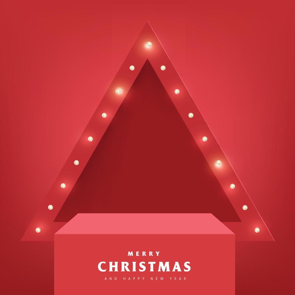 vrolijk Kerstmis banier met rood Product Scherm en retro licht bollen teken achtergrond vector