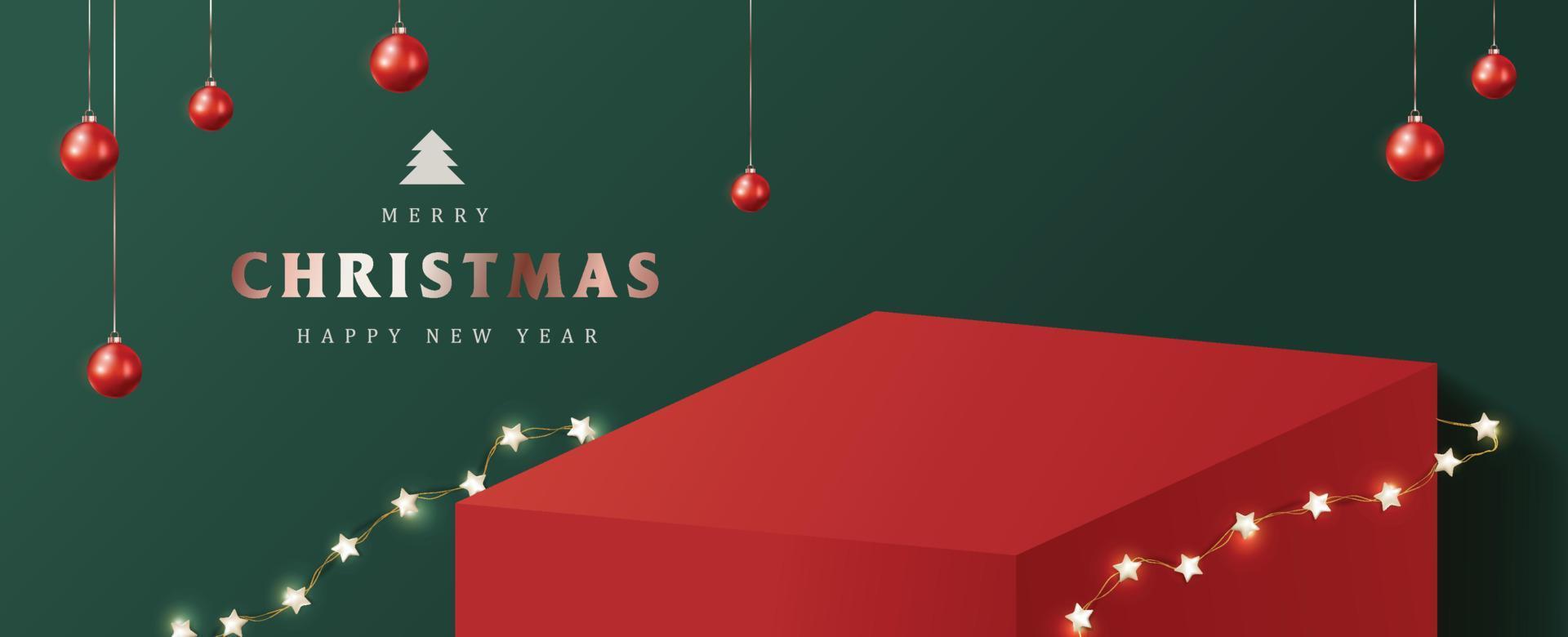 vrolijk Kerstmis banier met Product tafel Scherm en feestelijk decoratie voor Kerstmis vector