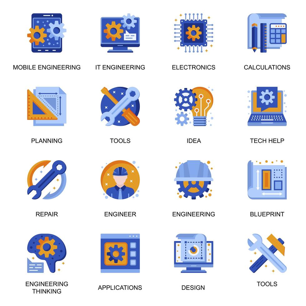 moderne engineering pictogrammen instellen in vlakke stijl. vector