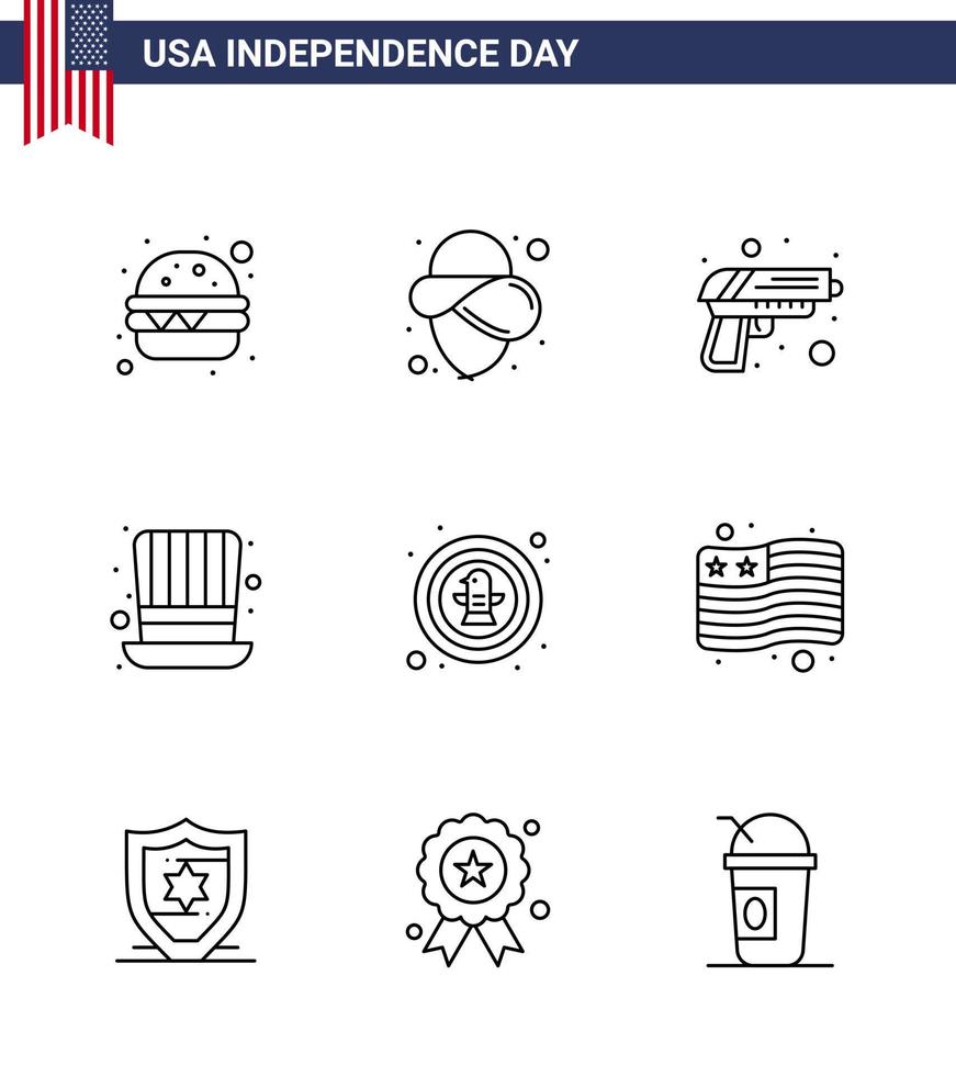 gelukkig onafhankelijkheid dag 4e juli reeks van 9 lijnen Amerikaans pictogram van adelaar vogel leger Amerikaans presidenten bewerkbare Verenigde Staten van Amerika dag vector ontwerp elementen